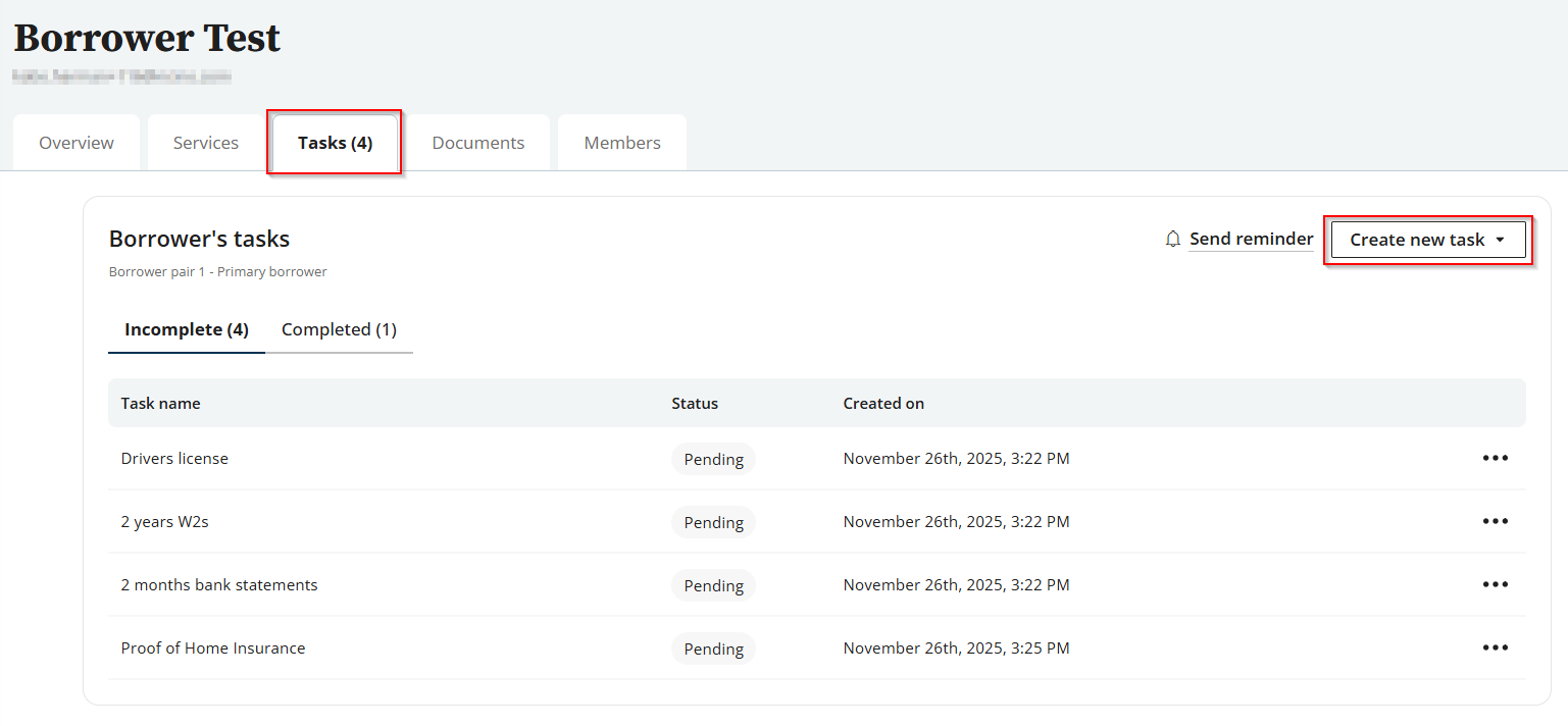 Create new task button on Tasks tab of loan file in nCino