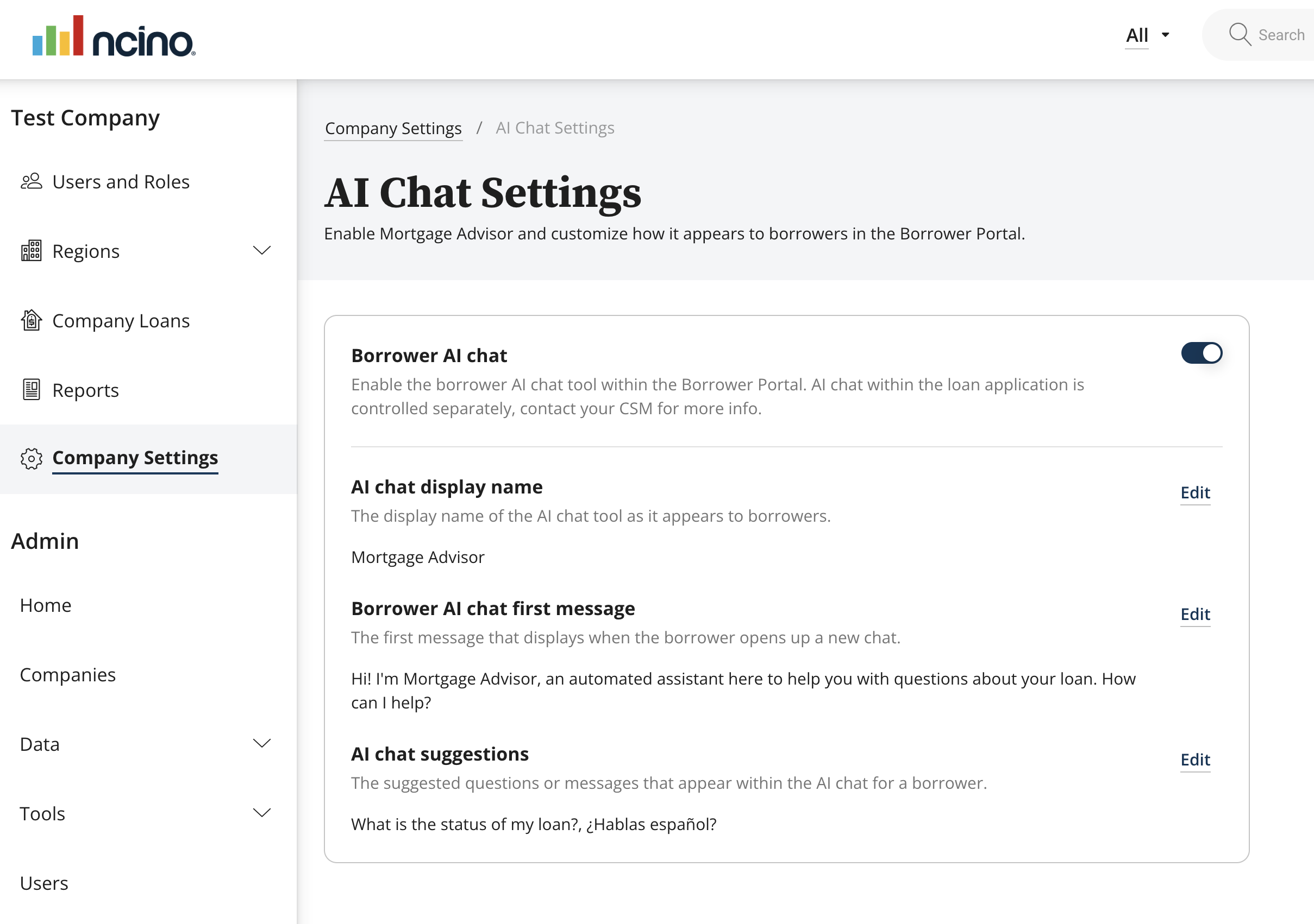 AI Chat Settings page